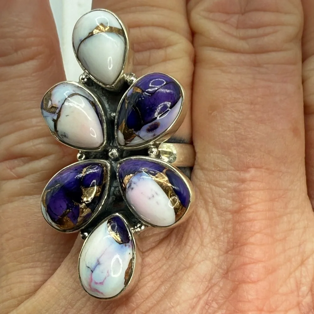 Sterling Silver Purple Dahlia Statement Ring – Size 8 Adjustable